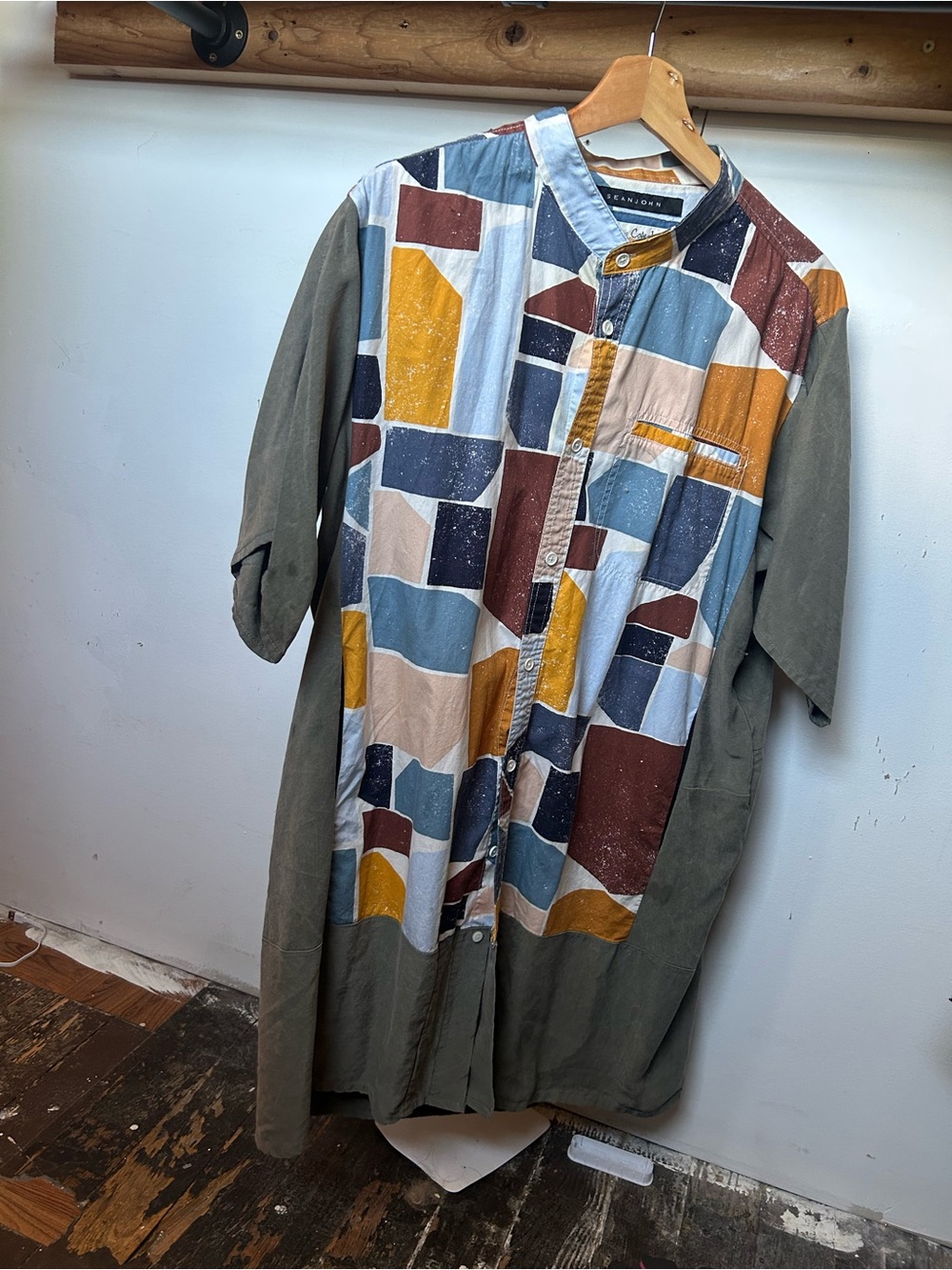 Upcycled Geometric Colorblock Button-Front Dress